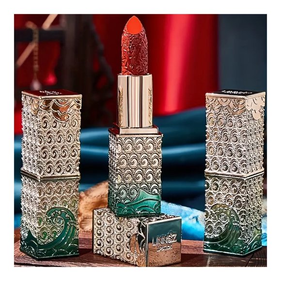 Luxury Blue Silver Ocean Cased Carved Velvet Red Tomato & Brown Lipsticks - Picture 9 of 12